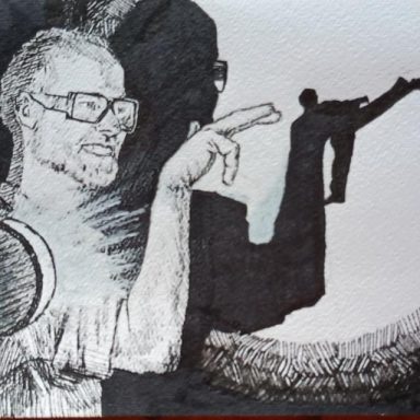 Marv projects kicks Zeichnung von Leo Poggensee. Marvin Sadrinna hält die Finger vor einen Projektor, der Schatten an der Wand wird zu einer kickenden Person.